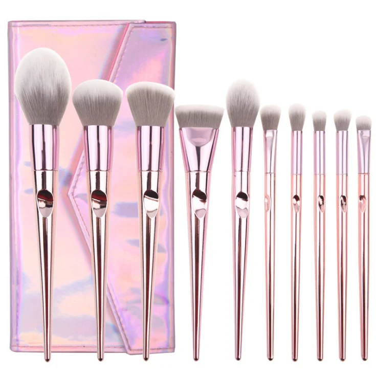 Оптовая продажа Профессиональный 10 шт пластиковая ручка цвета румяной розы золотых кисточек для макияжа, повседневная одежда для девочек роскошный украшенный алмазами набор кистей для макияжа с чехлом
