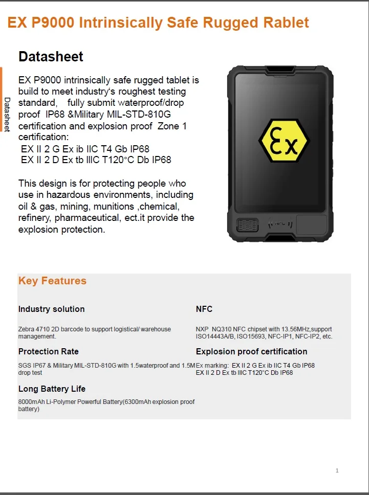 IP67 Industrial 8inch Intrinsically Safe tablet Android 12 Atex Zone 1 Certification class 1 division 1 explosion proof tablet