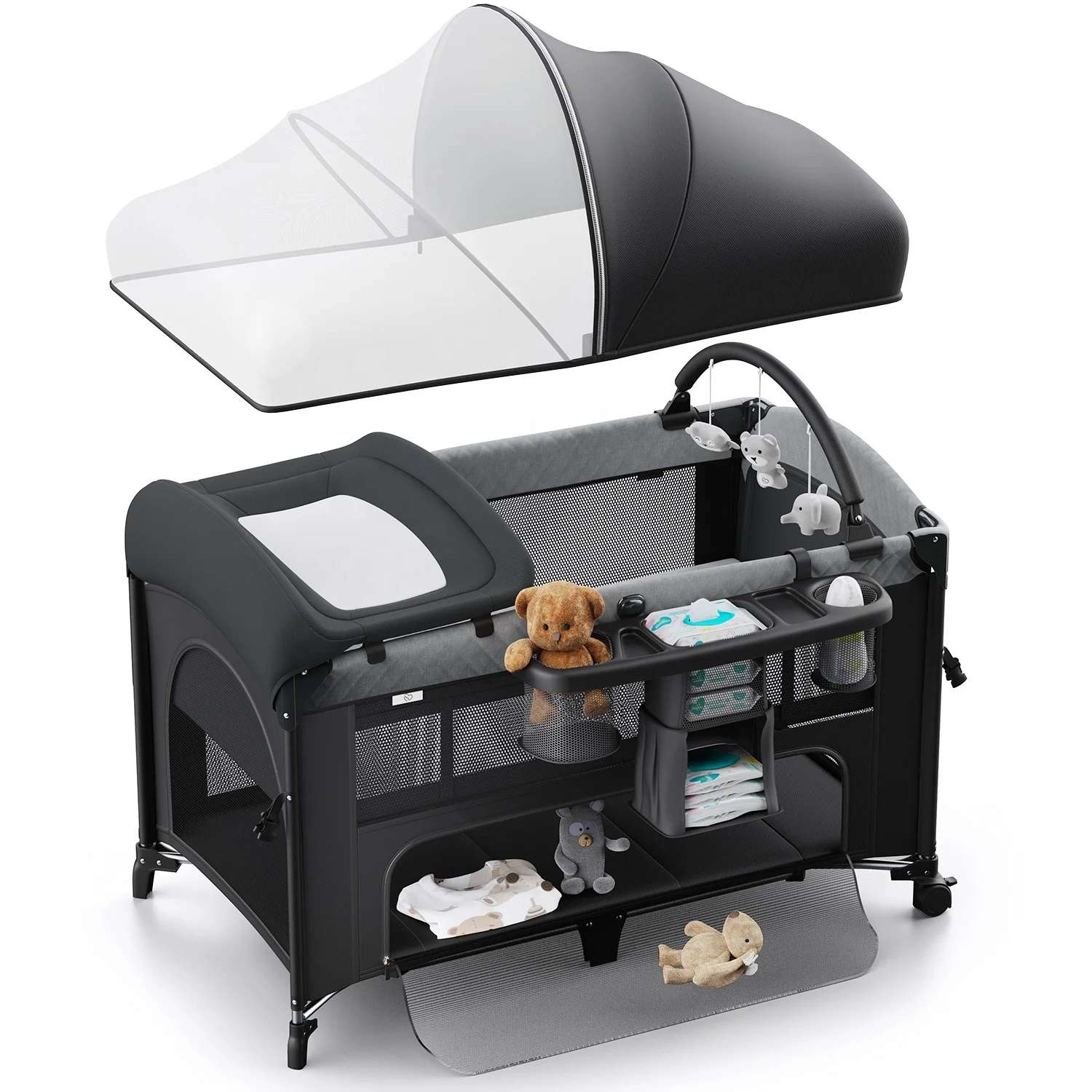 2024 Multi-functional baby play bed with mosquito net removable travel bed Cheap high quality luxury cribs in stock for 0-3years