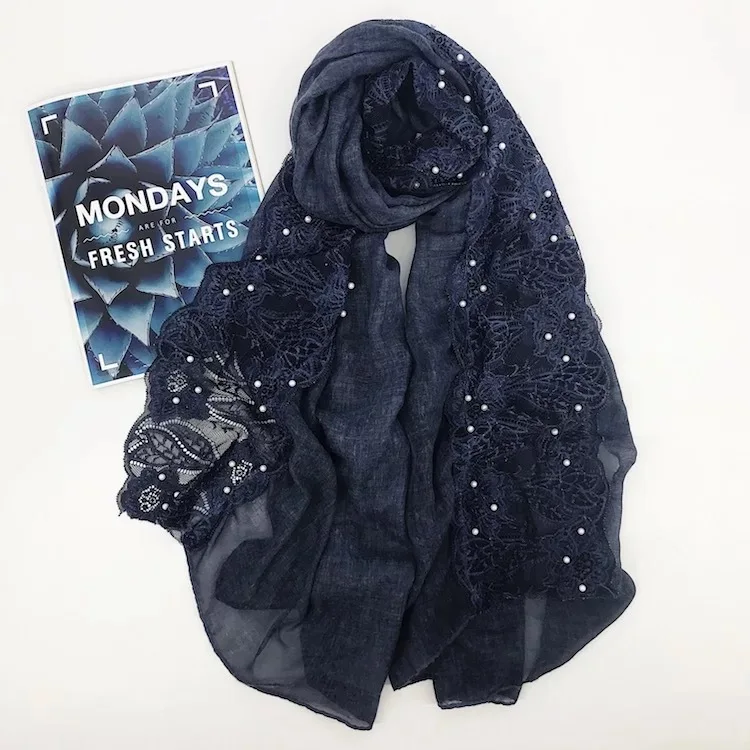 Most popular hijab with lace and beads elegant long lace shawls for fashion women