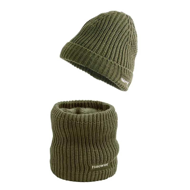 Men Winter Hat Scarf Set Solid Color Neck Warmer  Beanie Hat for Women Plush Warm Knitted Woolen Hat Unisex