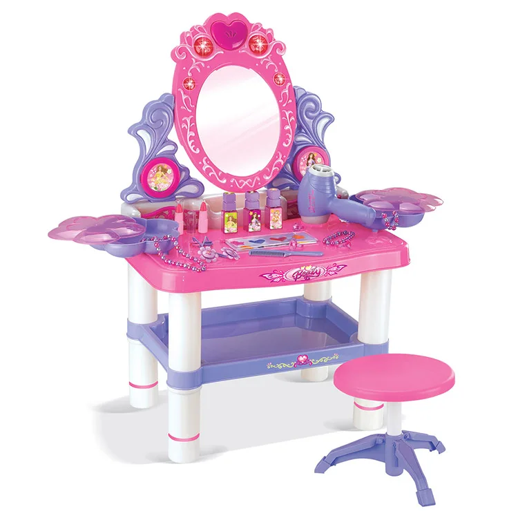 High Quality Plastic Kids Girl Play House Toy Mini Makeup Table Lighting Music Children Dressing Table Set