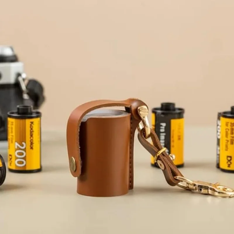 Retro PU Leather Camera Film Storage Box Simple Film Leather Case Keychain Film Canisters with Caps