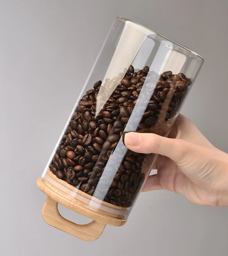 wholesale custom clear decorative stackable large high borosilicate tea coffe food airtight bamboo wooden lid jar glass canister