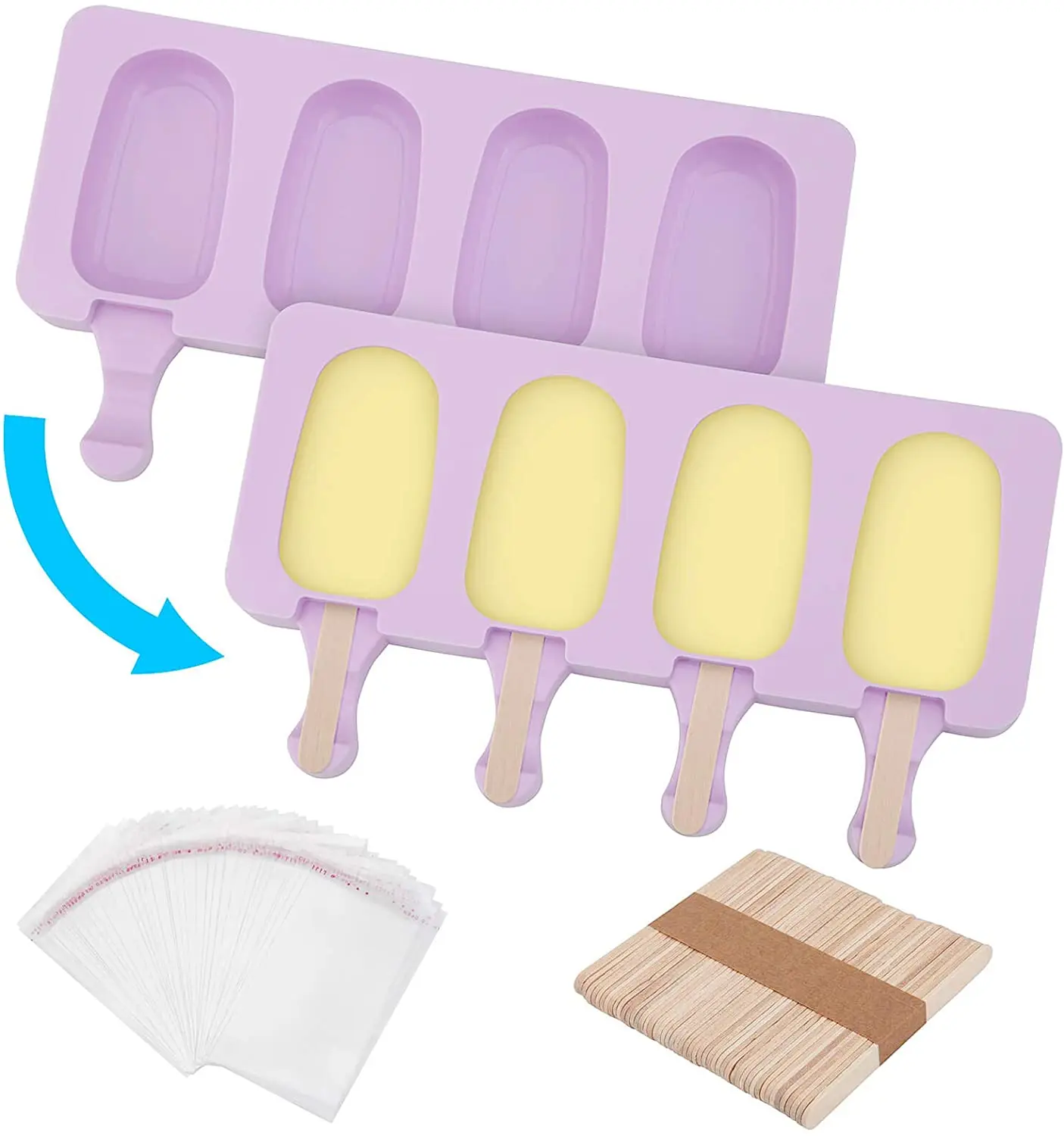 Amazon Hot Sale 4 Cells Silicone Popsicle Ice Cream Mold with Stick