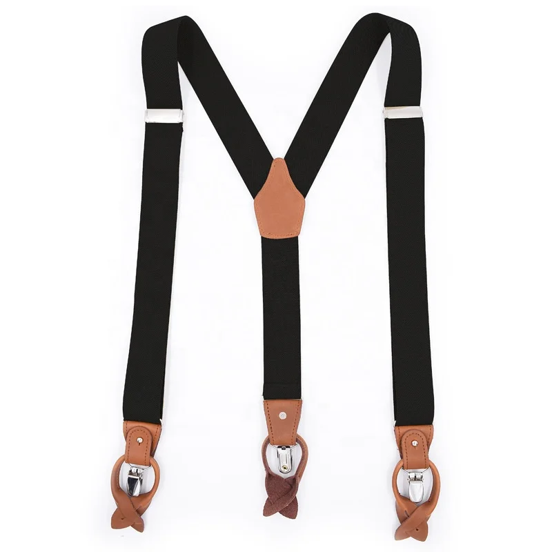 Multi-function 3 Clips Genuine Leather Braces Y-Back Shape Elastic Stretch  Men Suspender with Gift Box