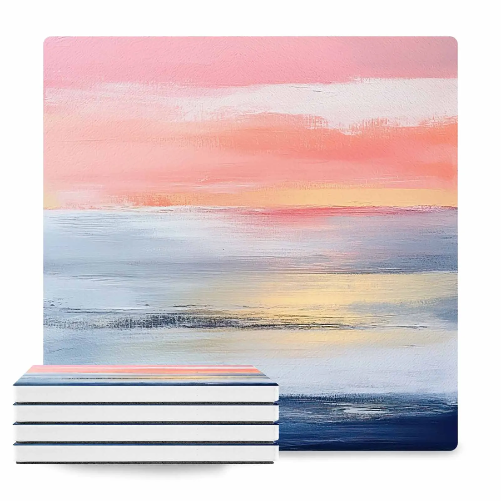 OEM Worn Wood Absorbent Square Marble Pattern Coaster Ceramic Stone Mat with Cork Base and Metal Holder Gift for Housewarming