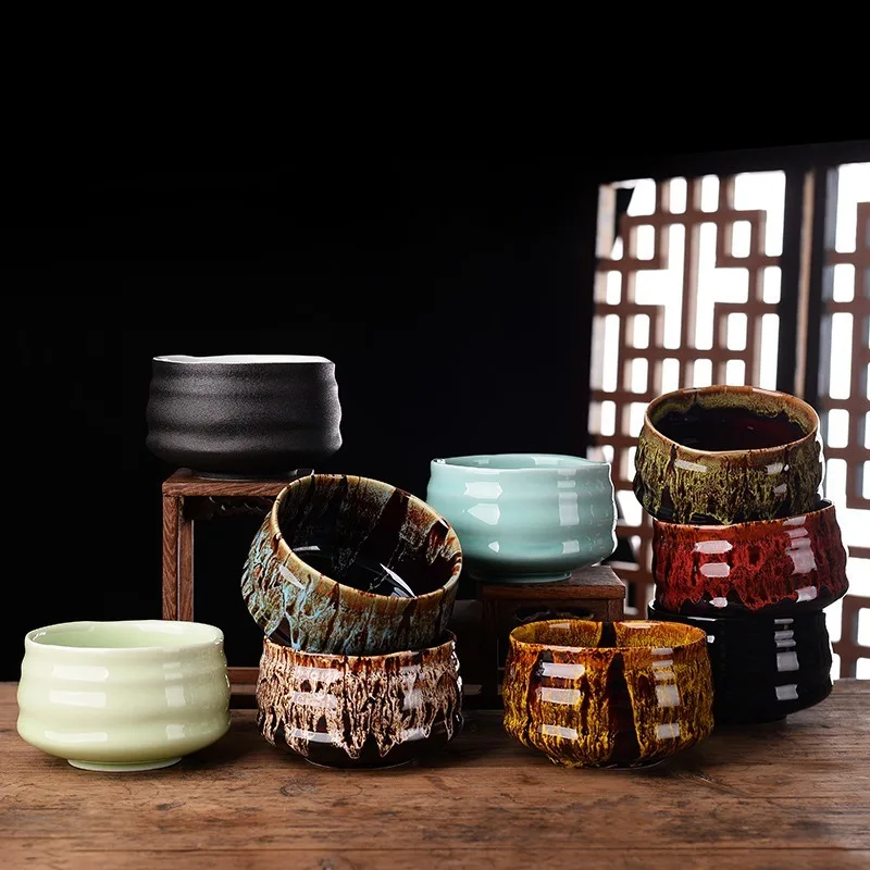 manufacturer wholesale tea cup matcha Japanese coarse pottery handmade flow glazed tea set kiln transformed pottery cup Bowl