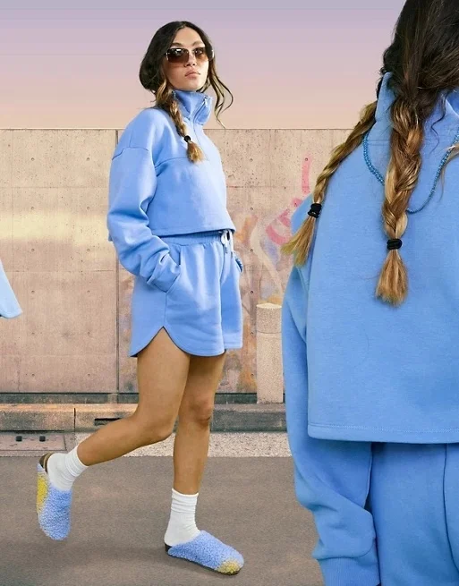 Knitted High Neck Long Sleeve Zip Up Sweatshirt & Drawstring Elastic Waist Shorts Training Tracksuit for women set