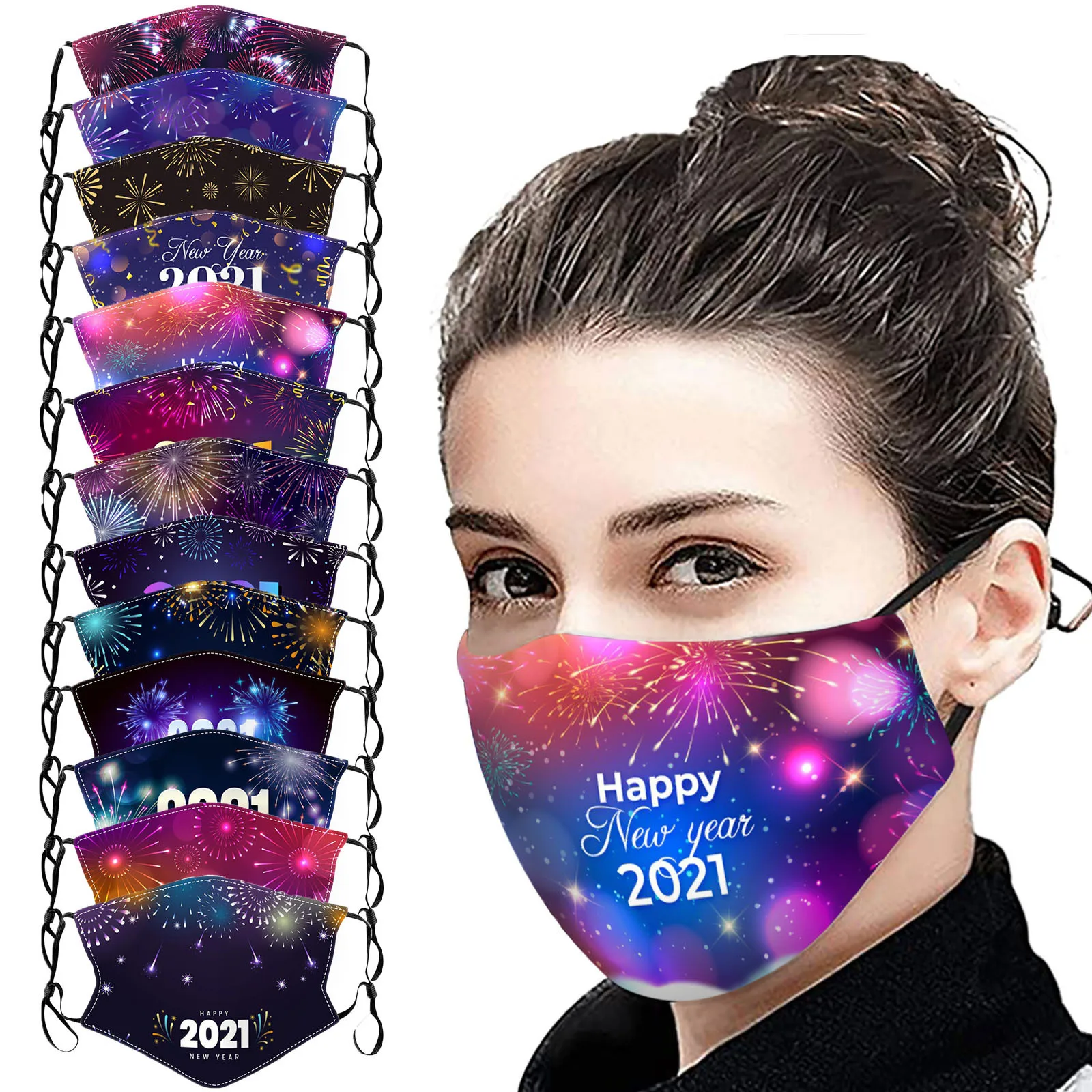 2021 New Year Party Printed Cotton Mask Winter Warm Washable Adult Face Mask