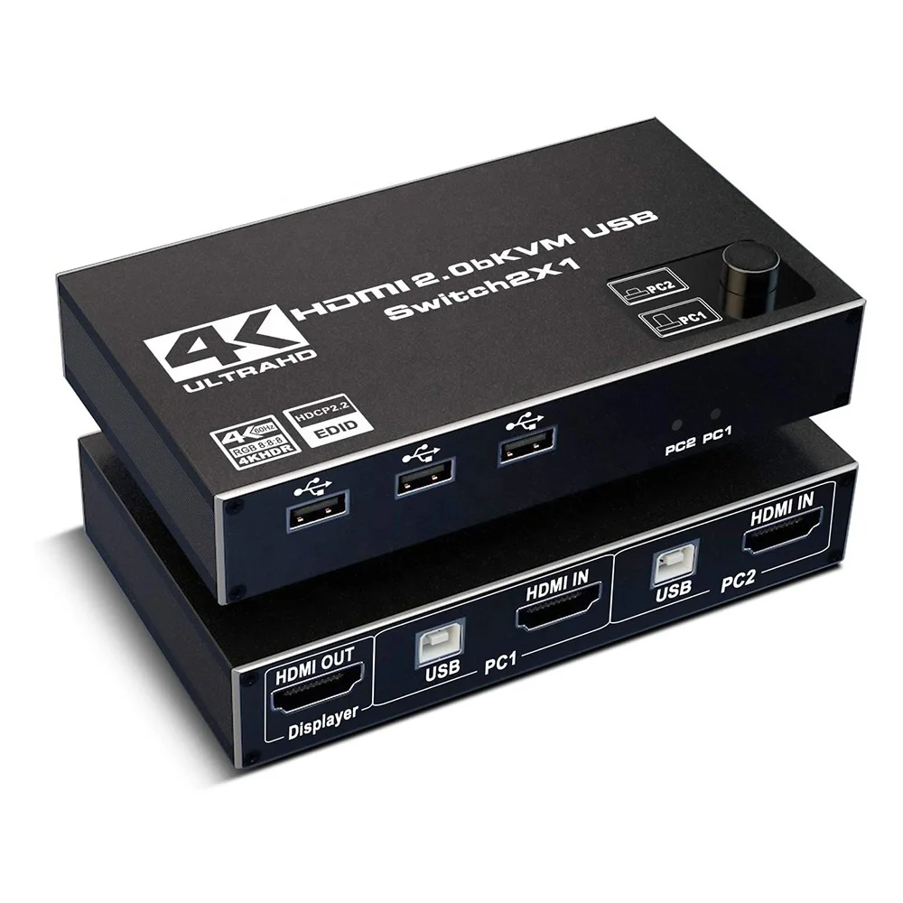 4K 60Hz 2 Port 2x1 USB KVM Switch HDMI Switcher Support 2 PC Computers 3 USB & 1 HDMI 2.0B Port Output