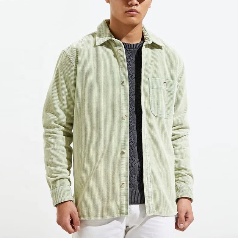 Solid Color Slightly Oversized Long Sleeves Cotton Corduroy Pointed Collar Workshirt Jacket for Men
