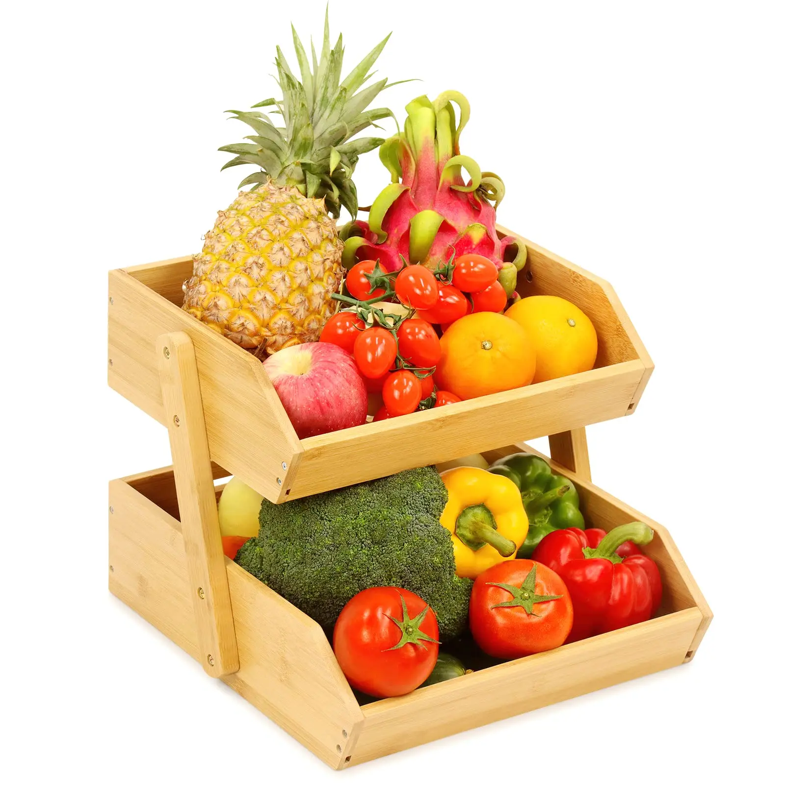 Large Capacity Vegetable Bamboo Storage Shelf 2 Tiered Fruit And Vegetable Basket Display Stand
