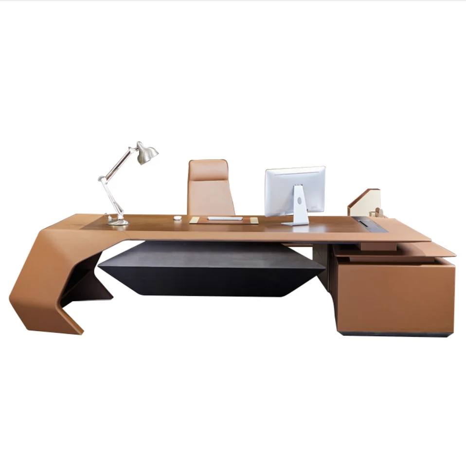 H-02 Modern fancy unique design ergonomic Luxury Veneer leather executive L shape office desk
