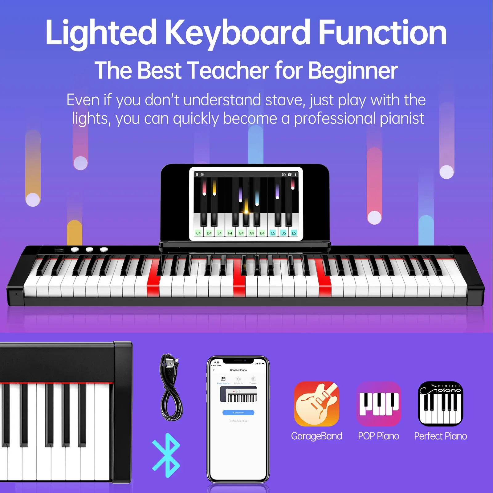 TERENCE TS01 61-key Multi-function Electric Keyboard Piano 1800mAh Battery Support Lighted Keyboard & MIDI USB Interface