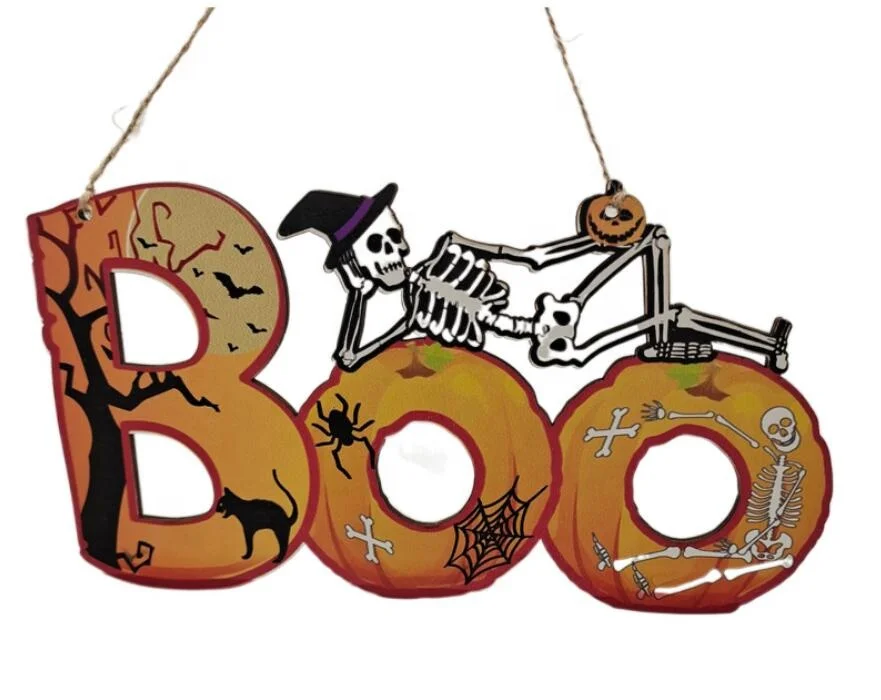 Halloween wood pumpkin skeleton spider bat party scene decor pendant