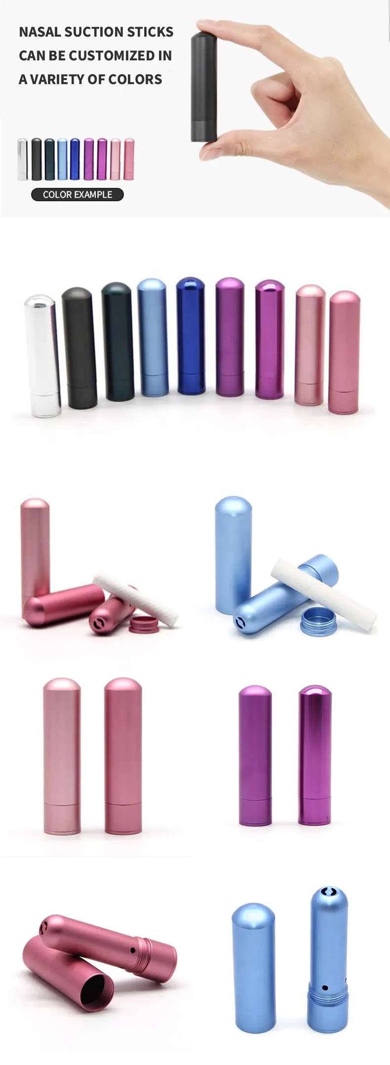 Stylish Aluminum Nasal Inhaler with Essential Oil Blank Bottle Plastic Cotton Glass-Multiple Materials