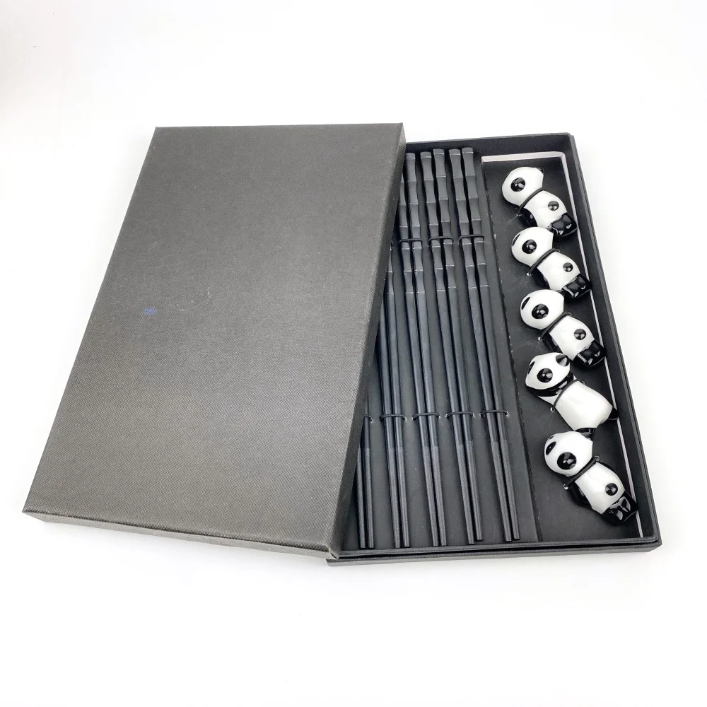 hot sale 5prs  Fiberglass  bamboo   chopsticks   5pcs  ceramic panda rest for Gift BOX Dishwasher safe