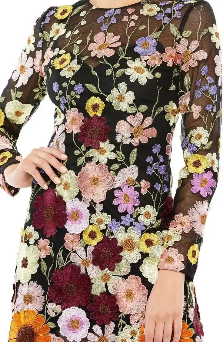 Hot Sale Printed Embroidery Women Midi Floral Dress Long Sleeve Evening Elegant Luxury 3D Flowers Dress