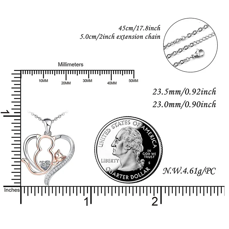 Dainty Animal Sterling Silver 925 Cubic Zirconia Heart Cat Necklace for