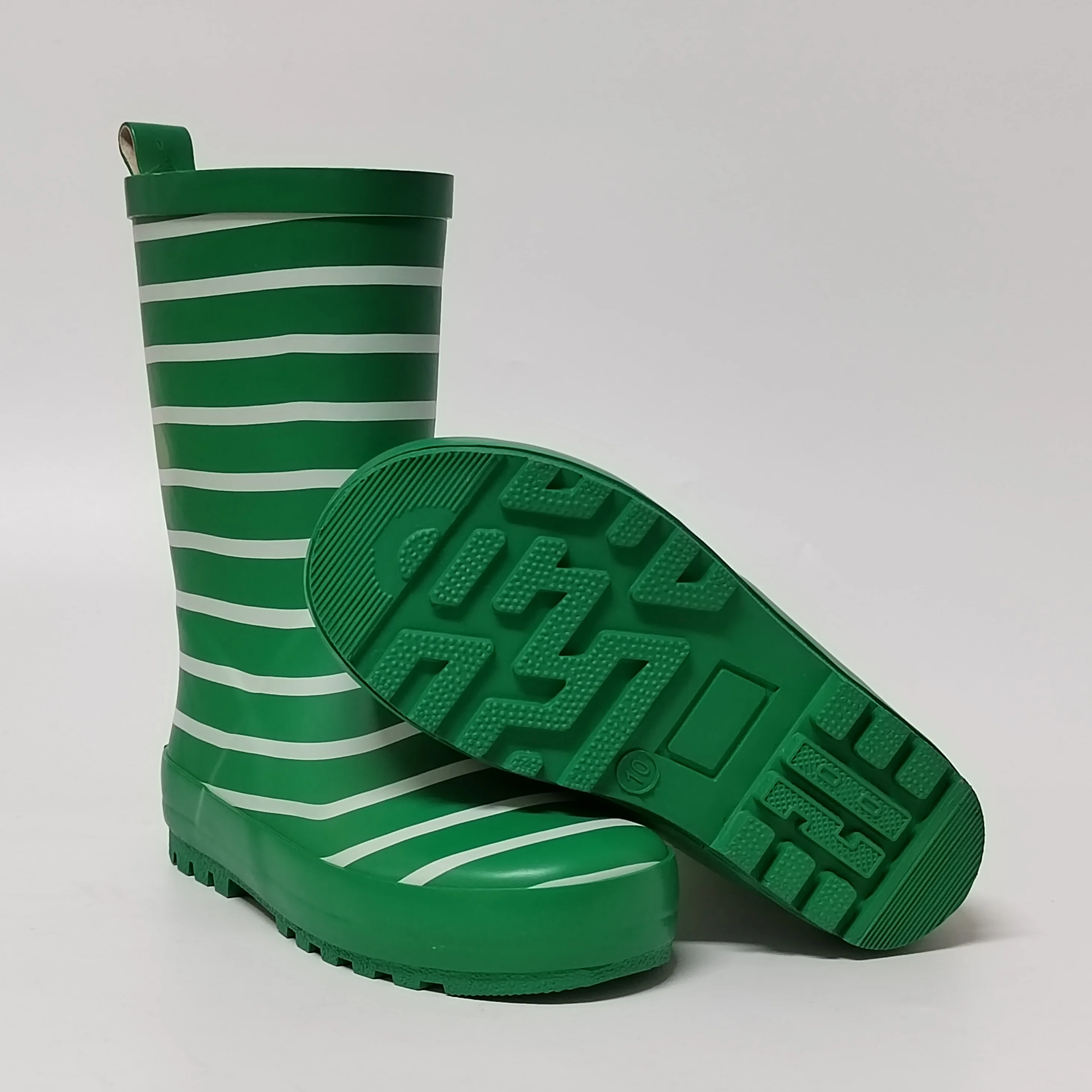 white stripe green lining waterproof rubber rain boots for children