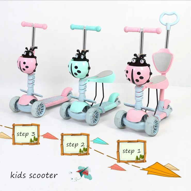 Wholesale 3 IN 1 flashing PU wheel Kids Scooter OEM baby toys kick scooter child scooter with push bar