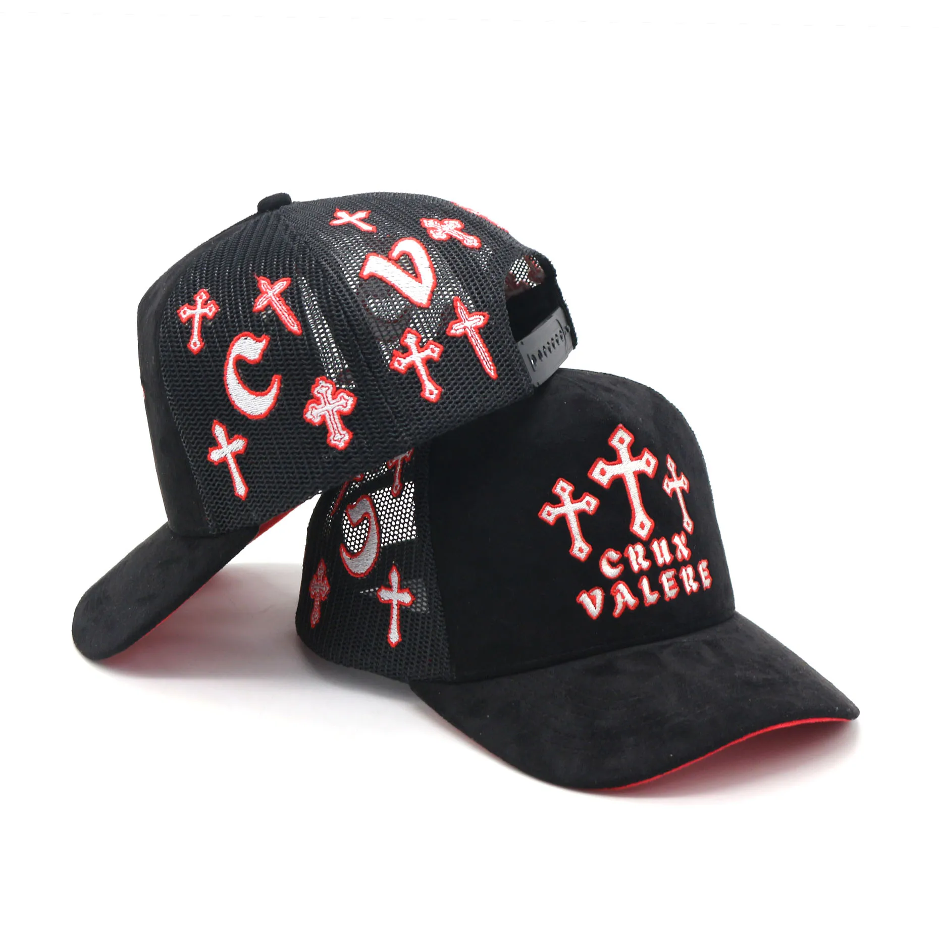 high quality customized all over embroidery  5 panel mesh suede trucker hat wholesale