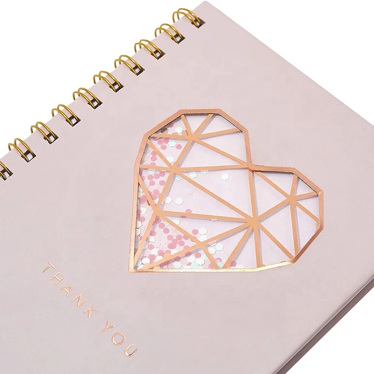 
Custom Printing Cute Rose Gold Foil Hardcover Spiral Journal, Wholesale Writing Paper Notebook with Shakers 