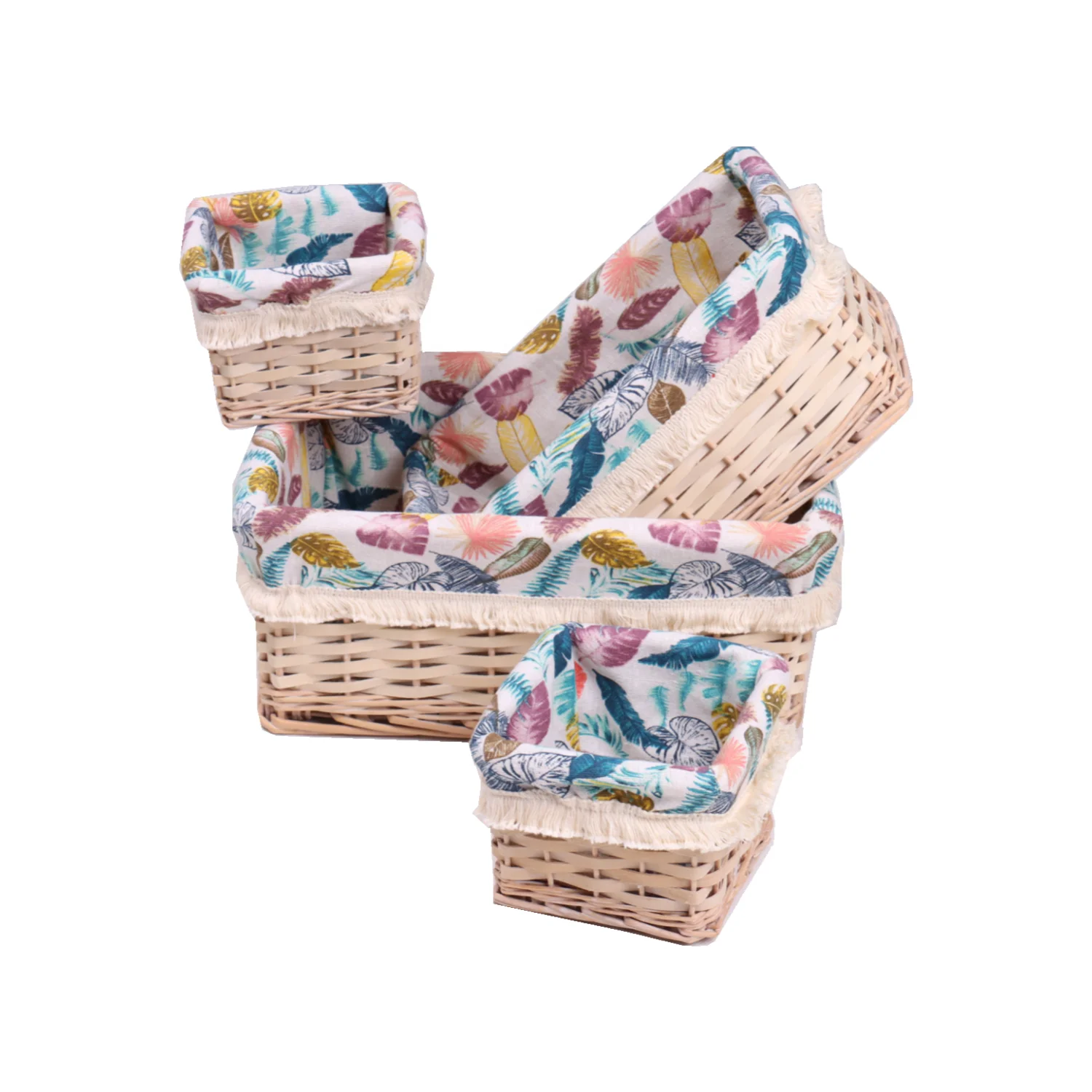 
Hand woven rectangle wooden chip willow products wicker storage basket with liner set of 4 Hand woven rectangle wood chip willow products wicker storage basket with liner set of 4