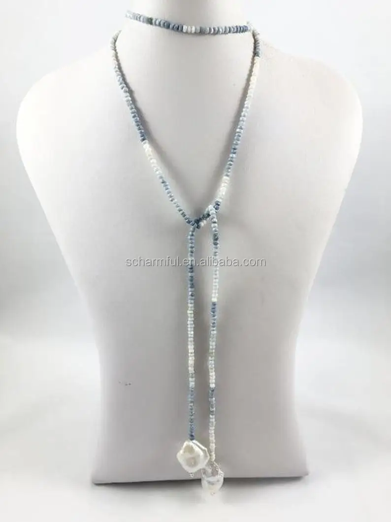 NS198208 Long Pyrite Beads And Stone Bead lariat Baroque Pearl Necklace