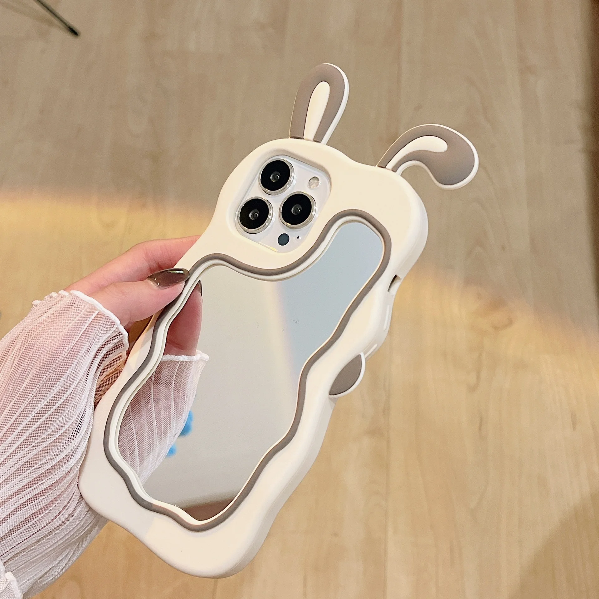 Cartoon Animals Cute Bunny Ears Silicon Mirror Mobile Cell Phone Case For Iphone 14 Pro Max