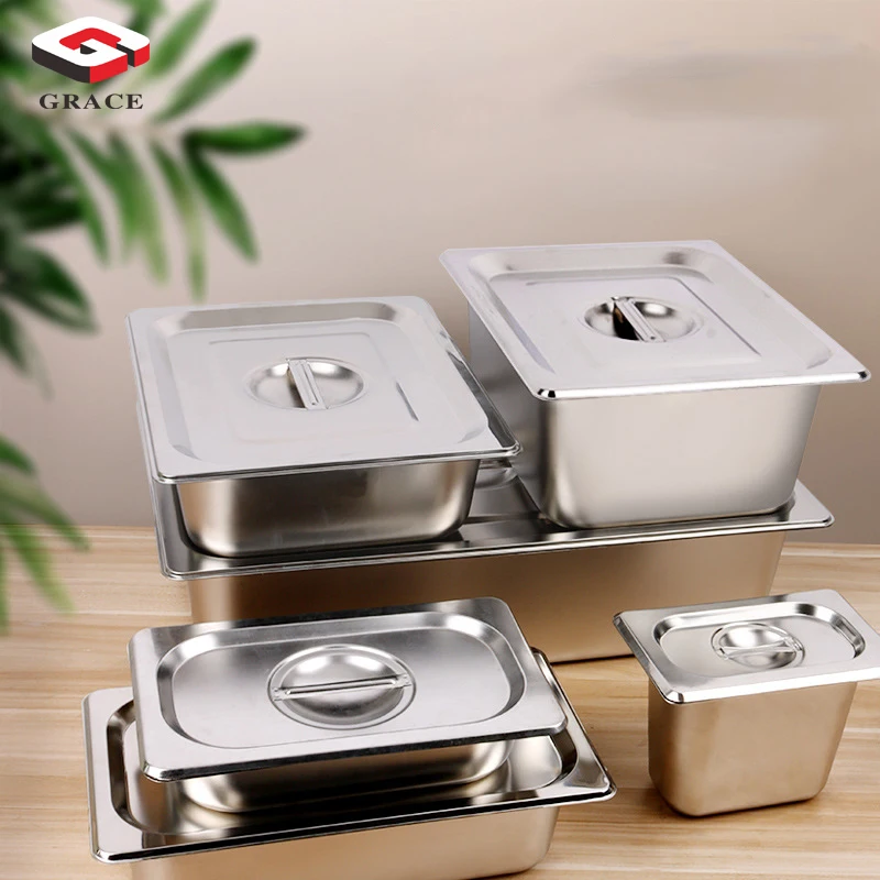 GRACE Stainless Steel Square pots GN Pan Kitchen 1/9 1/6 1/4 1/3 Containers Food pan Chafing Buffet Gastronorm Pan