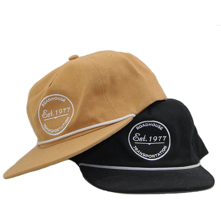 high quality customized unstructured 5 panel camp yupoong hat with strip and custom embroidery and rope logo