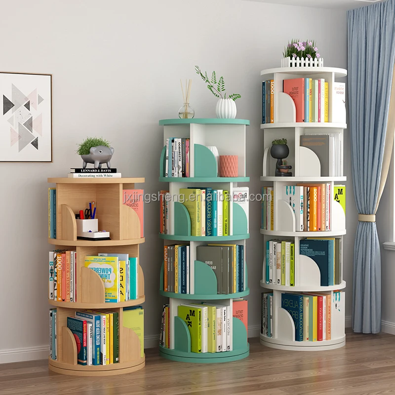 Solid wood rotating  bookshelf 360 degree movable bookshelf wall bookcase with wheel
