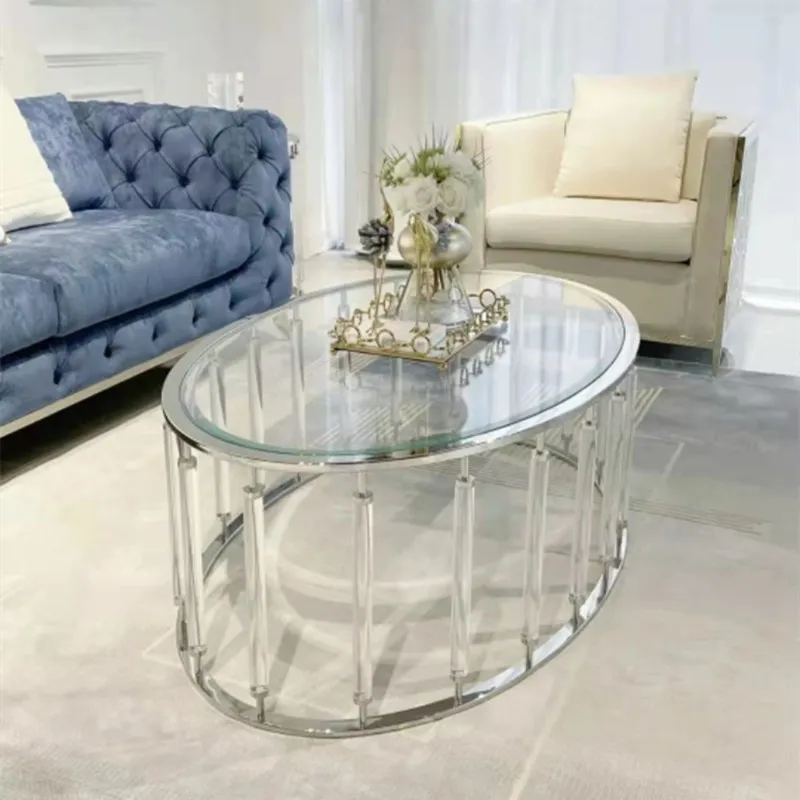 Luxury Oval Glass Top Metal Frame Acrylic Side Coffee Table Wedding Decoration Cake Table For Living Room Glass Customized Size