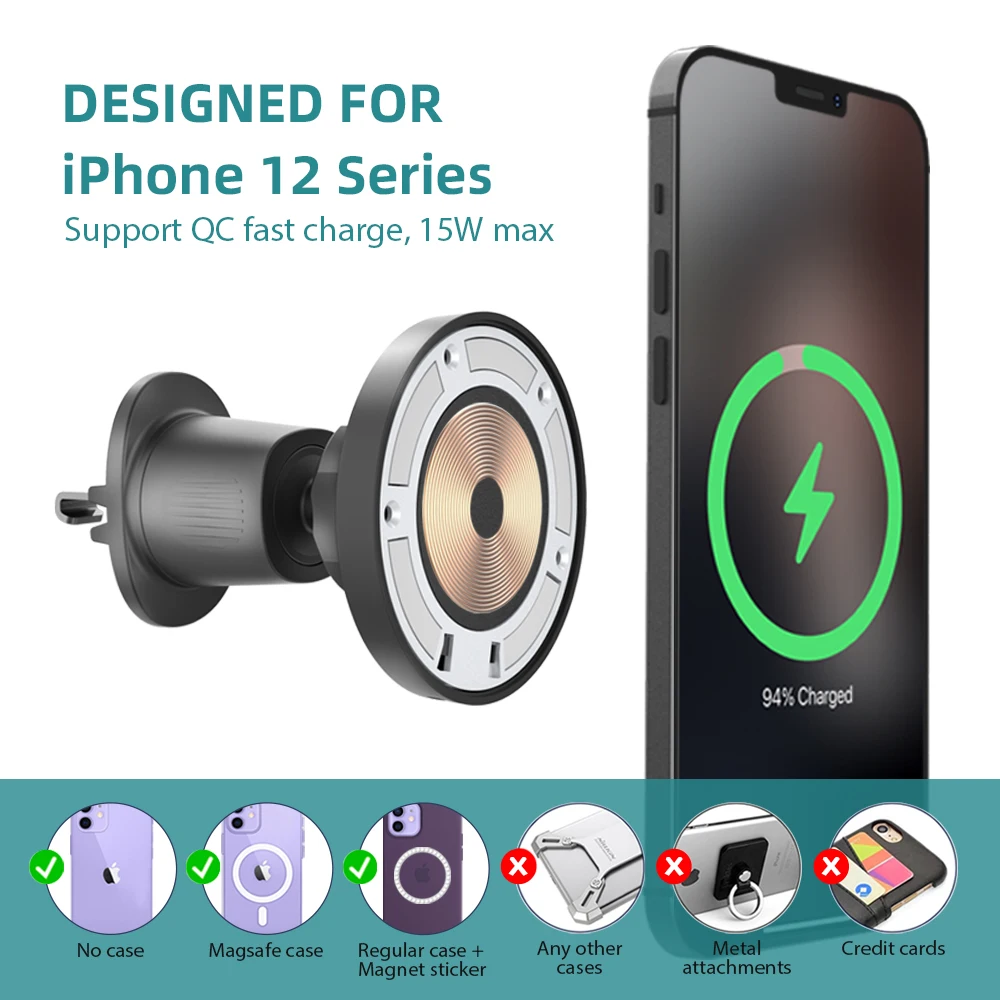 Adjustable bracket magnetic 15W fast wireless charging car phone holder mobile phone holders with charger for car air vent