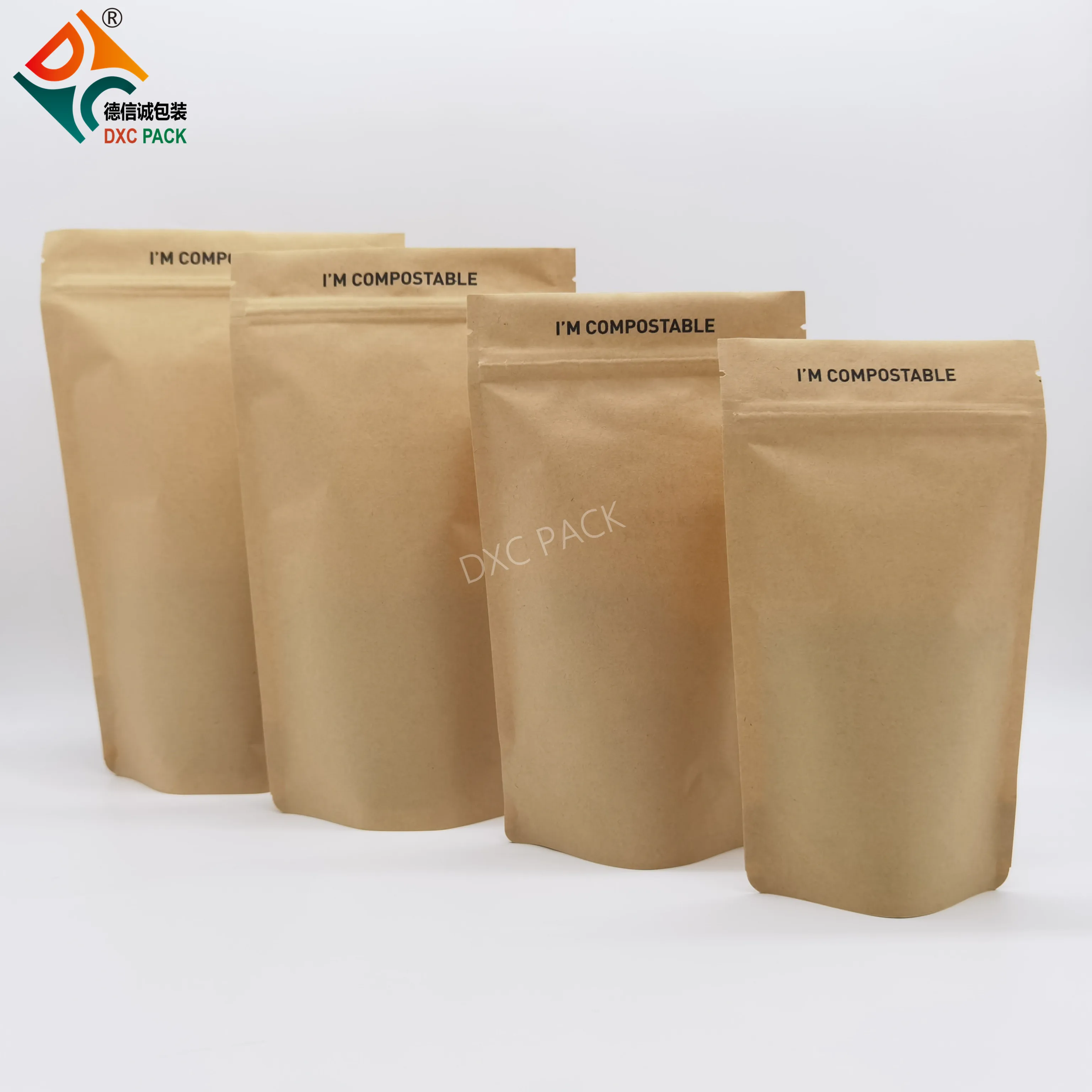 DXC. Brown Kraft Paper Home Compostable Stand Up Pouch with Zip Lock
