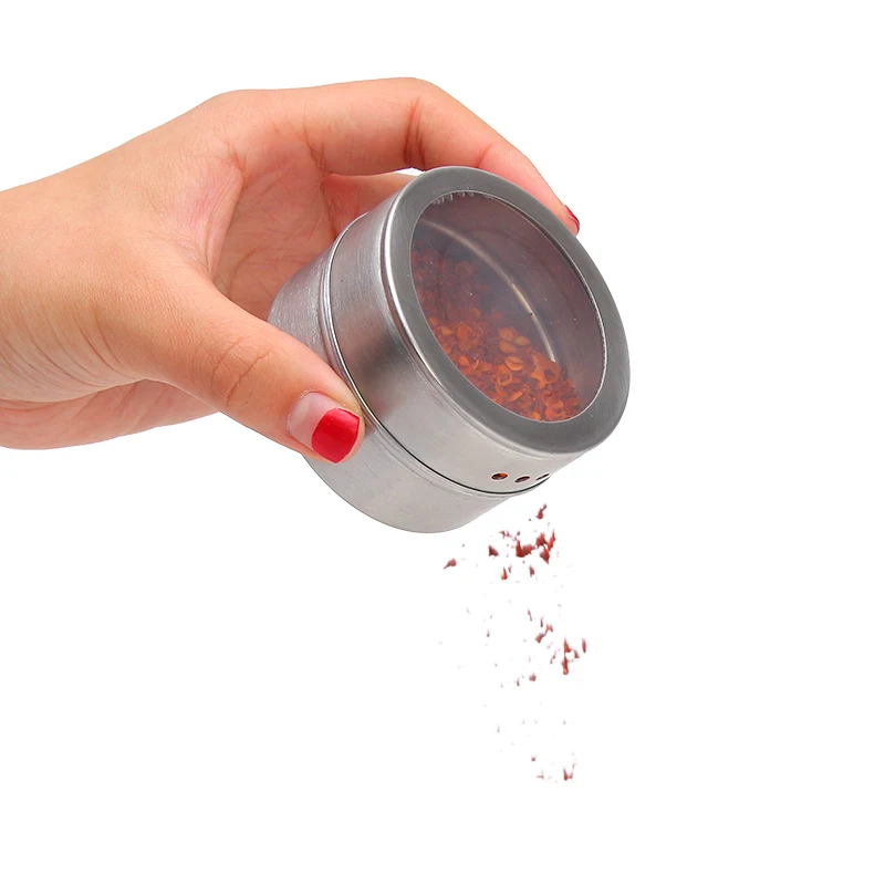 Premium Stainless Steel Magnetic 6-Piece Spice Container Pepper Storage Cans Spice Jars Tins With Transparent Window