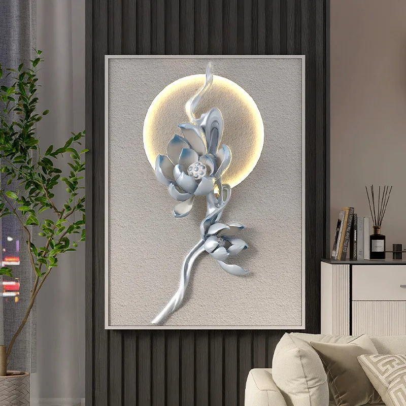 Modern Light Luxury Lotus Decorative Painting Three-Dimensional Relief Atmosphere Lamp Hotel Lobby Porch Hanging Paintings