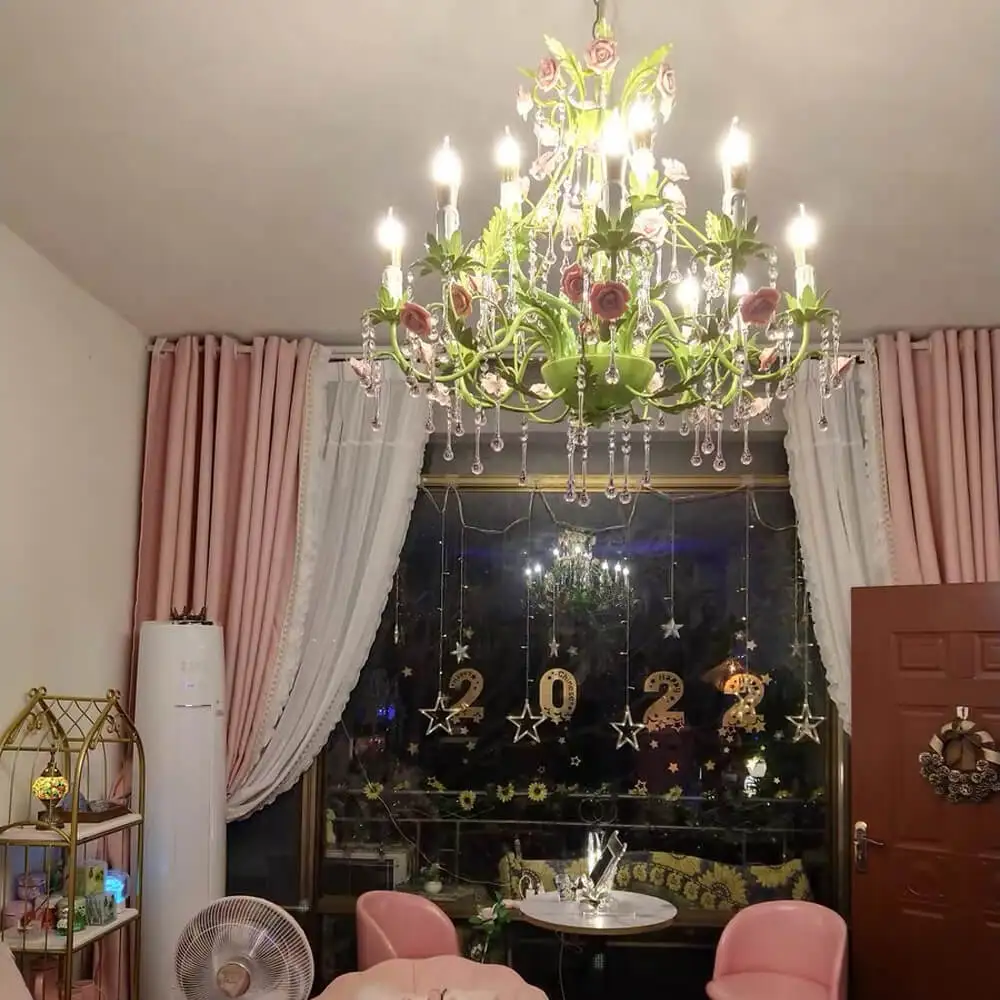 Custom Decorative Luxury Ceramic Rose Flowers Chandelier LED Pendant Light Indoor Hotel Modern Crystal Chandelier