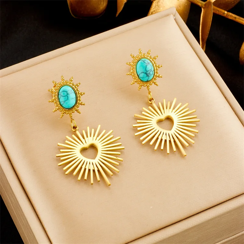 Y&J New Tarnish Free 18k Gold Plated Stainless Steel Turquoise Heart Drop Earrings For Women Jewelry