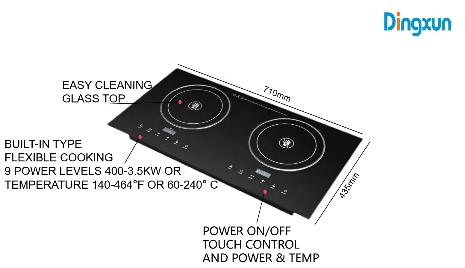 3500W Black Crystal Panel Touch Control Table Built-in Double Induction Burner Cookers