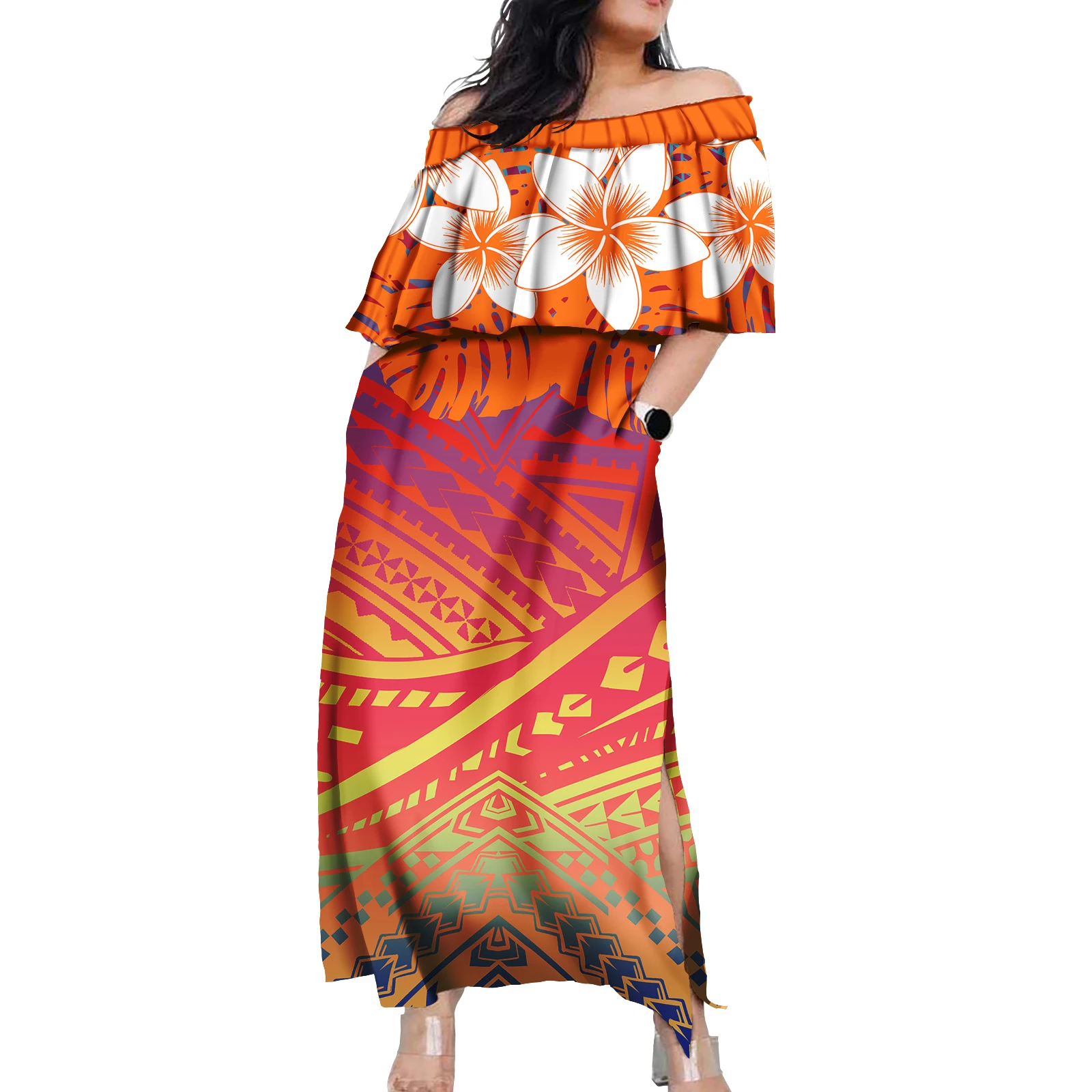 Ruffles Fashion Puletasi Samoa Hawaiian Dress Polynesian Tribal Puletasi Tatau Pattern Casual Swing Occasions Dresses