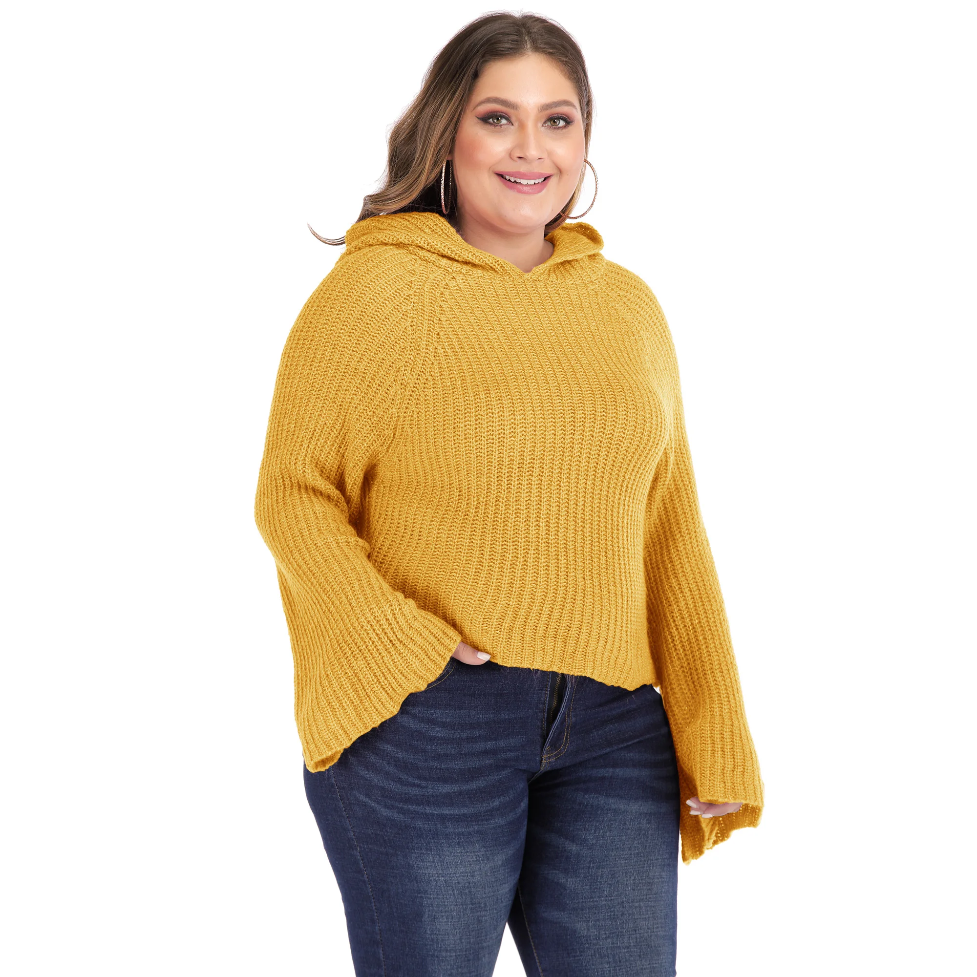 Plus Size Women Flare Sleeve Hooded Ladies Knit Pullover Sweater for Fat Women