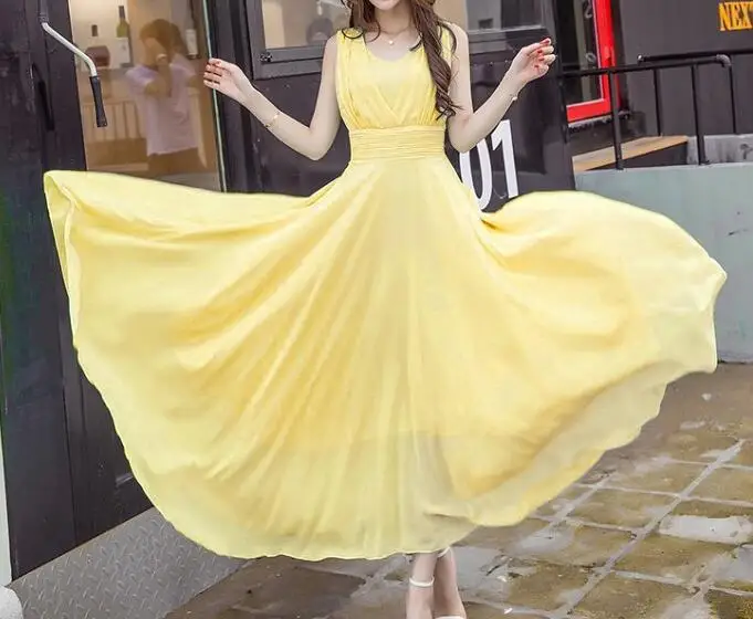 Summer new style plus size solid color beach long skirt Korean fashion bohemian white chiffon dress