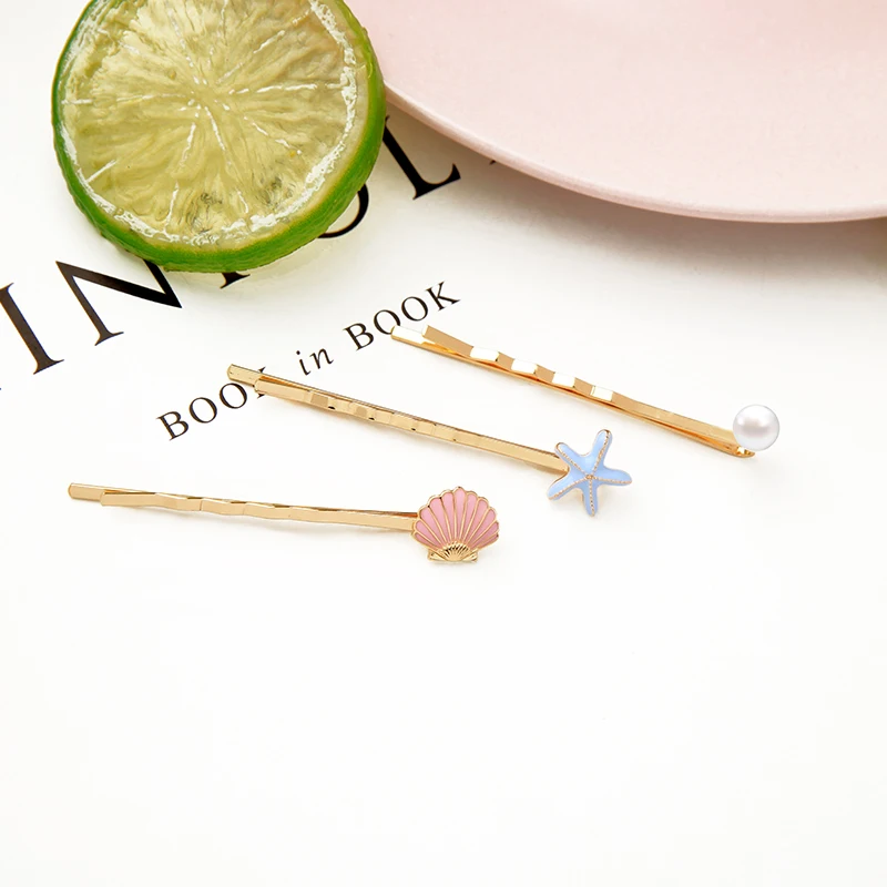 t04340 3 Pcs/Set Vacation Jewelry Gold Plated Pearl Shell Starfish Pink Blue Enamel Girls Korean Hair Pins Accessories