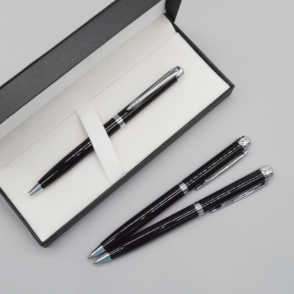 Bright Black Pen Sliver Pen Clip Metal Ballpoint Pen with Gift Box