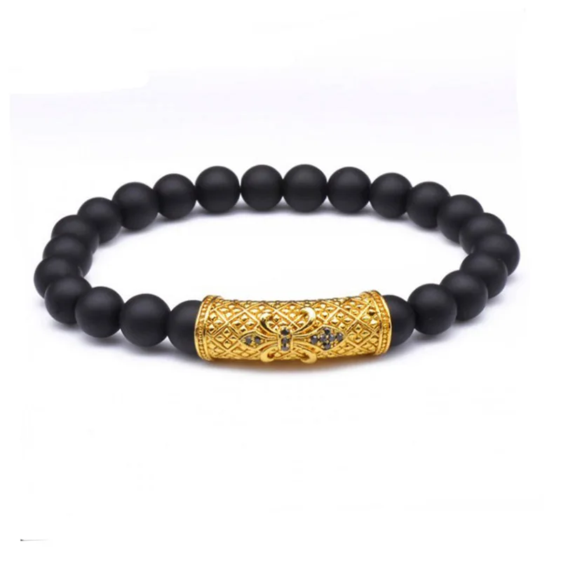 Renting Jewelry Natural Stone Matte Onyx CZ Pave Anchor Charm Beads Elastic Bracelet Men