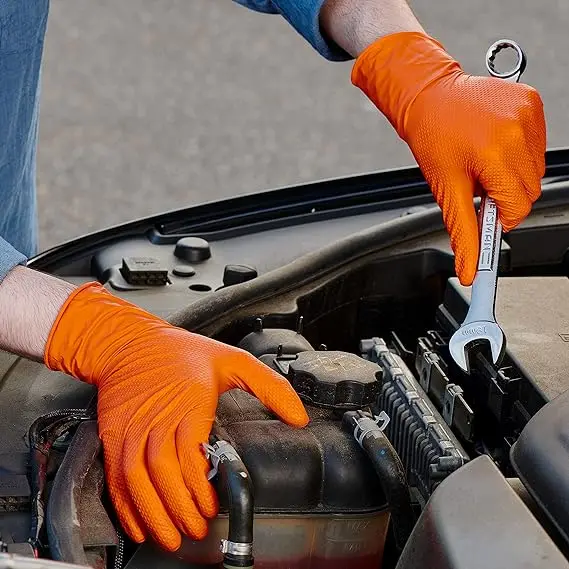 Heavy duty mechanical gloves 10 mil oem custom box orange nitrile glove diamond texture powder free black nitrile gloves