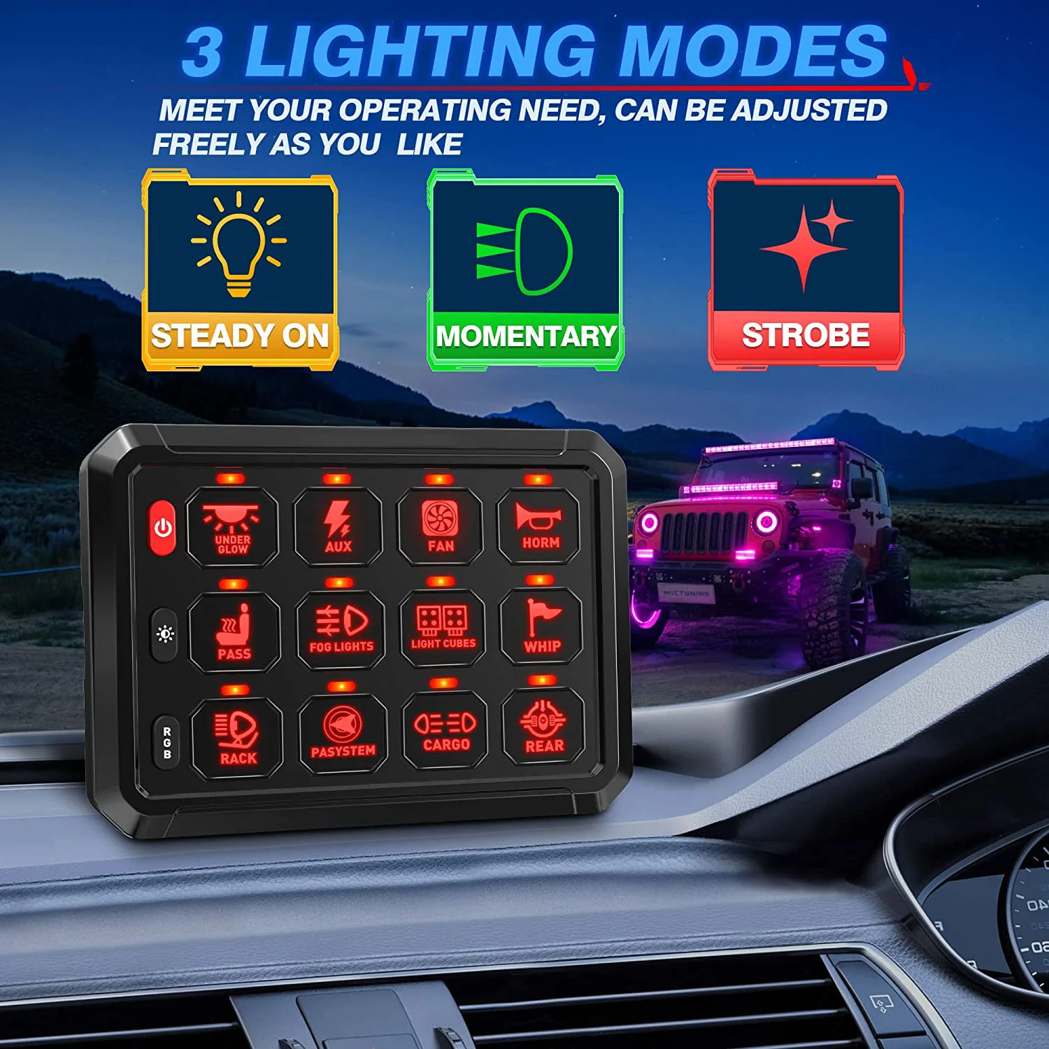 RGB 12 Gang Switch Panel, Multifunction Auxiliary Switch Pod Momentary Strobe Circuit Control Box